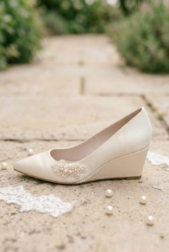 IMAGE 8 HERE Alt text: Ivory satin low wedge bridal shoe with 2-inch continuous sole and pointed toe on pale outdoor stone path, soft natural daylight Image prompt: Photorealistic close-up portrait of an ivory satin low bridal wedge with a continuous sole rising to approximately 2 inches at the heel, pointed toe, and a clean upper with no embellishment. Placed on a smooth pale flat outdoor stone surface. Soft natural outdoor daylight from above creates a clean bright atmosphere. The wedge sole profile is visible showing the gradual incline. Background is softly blurred pale stone path. No text overlays. Generate in vertical portrait orientation, 2:3 aspect ratio, optimized for mobile display.