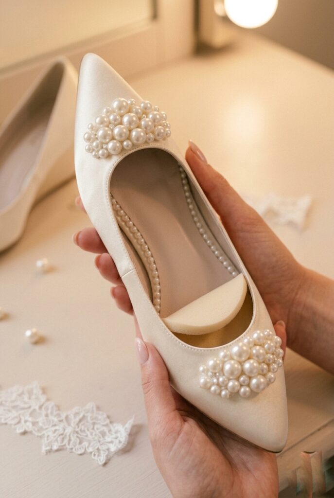 IMAGE 9 HERE Alt text: Ivory satin bridal pump held sole-upward showing concealed interior platform cushion beneath the ball of foot, warm dressing room light Image prompt: Photorealistic close-up portrait of an ivory satin bridal pump held in one hand with the sole facing up, showing a concealed interior cushioned platform pad of approximately 0.5 inches thickness beneath the ball of the foot area. The exterior of the shoe looks like a standard slim low heel from the outside. Warm dressing room lamp light illuminates the interior details. The shoe sole and cushioned interior platform are both clearly visible. Background is blurred pale dressing room surface. No text overlays. Generate in vertical portrait orientation, 2:3 aspect ratio, optimized for mobile display.