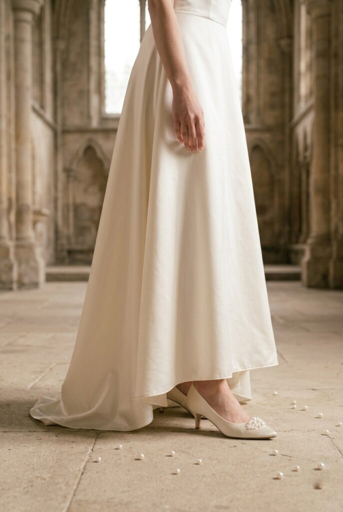 IMAGE 10 HERE Alt text: Full-length photo of a tall bride in an ivory A-line gown wearing ivory low kitten heel pumps on a pale stone church floor, natural overhead light Image prompt: Photorealistic full-length portrait of a tall bride in an ivory A-line satin bridal gown, standing naturally on a pale stone church floor wearing ivory pointed-toe kitten heel pumps. The hem grazes the floor cleanly. Soft natural overhead light from tall windows creates a clean, timeless atmosphere. The focus is on the lower half of the gown and the shoes, showing how the hem sits correctly on the kitten heel. Background is softly blurred stone church interior. No text overlays. Generate in vertical portrait orientation, 2:3 aspect ratio, optimized for mobile display.