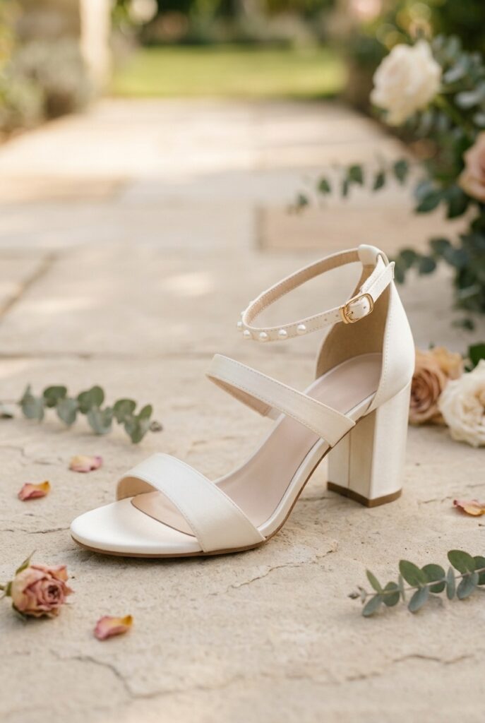 Ivory open-toe block heel bridal sandal with thin vamp straps and 3-inch heel on pale outdoor stone surface, soft warm natural daylight Image prompt: Photorealistic close-up portrait of an ivory open-toe block heel bridal sandal with two thin vamp straps and a slim ankle strap on a clean 3-inch block heel, placed on smooth pale flat stone outdoor surface. Soft warm natural daylight from above illuminates the ivory straps and shows the toe box opening cleanly. The heel is clean ivory satin-wrapped. Background is softly blurred pale stone with hints of green garden. No text overlays. Generate in vertical portrait orientation, 2:3 aspect ratio, optimized for mobile display.