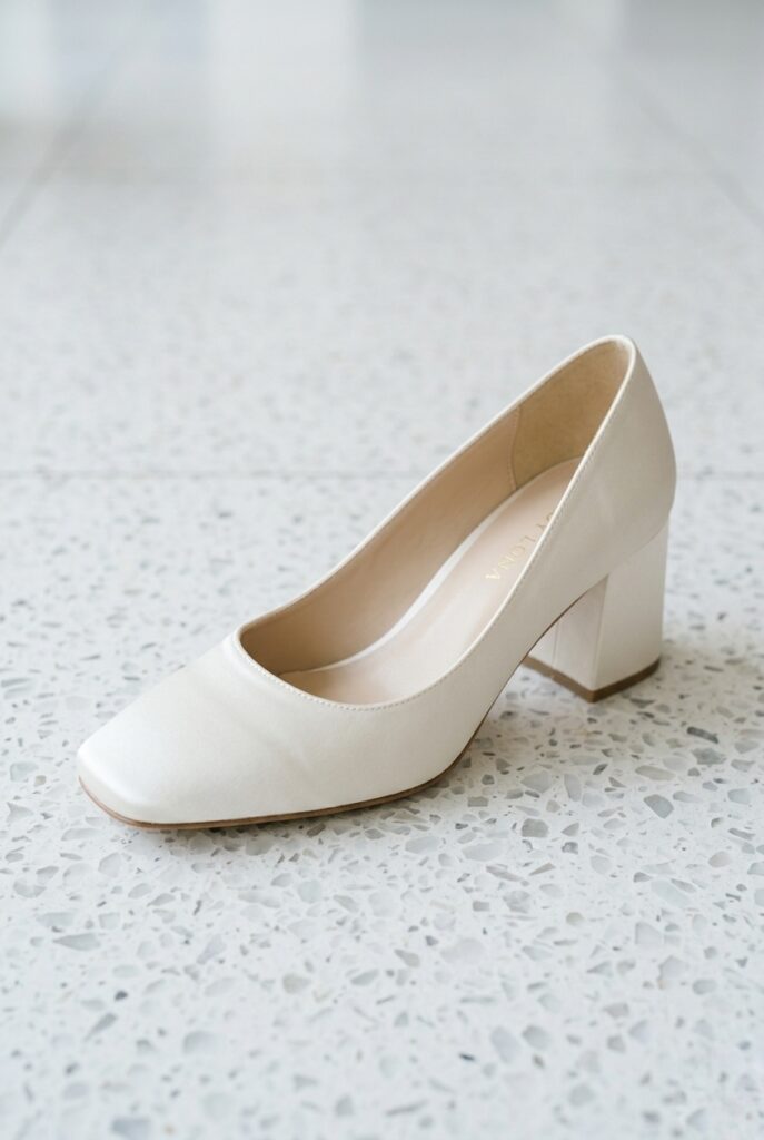 Modern ivory square-toe block heel bridal pump with clean squared-off toe on white terrazzo floor surface, cool bright natural daylight Image prompt: Photorealistic close-up portrait of a contemporary ivory satin square-toe bridal block heel pump with a blunt squared-off toe and a clean 3-inch heel, placed on white and pale grey terrazzo floor. Cool bright natural daylight from above creates a clean modern atmosphere. The squared toe creates a deliberate architectural line. No embellishment on the upper. Background is blurred terrazzo. No text overlays. Generate in vertical portrait orientation, 2:3 aspect ratio, optimized for mobile display.