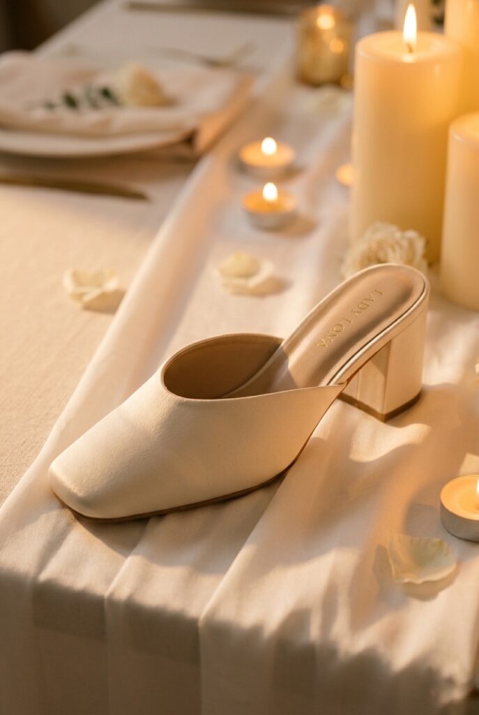 Ivory satin block heel bridal mule with open back and square toe on a white silk runner, warm romantic candlelit reception setting Image prompt: Photorealistic close-up portrait of an ivory satin open-back block heel mule with a slightly squared toe and clean 2.5-inch heel, placed on a white silk runner. Warm romantic candlelight from the right illuminates the satin upper and creates a golden glow around the shoe. The open back of the mule is visible, showing the clean backless silhouette. No embellishment. Background is softly blurred pale fabric and warm candlelight. No text overlays. Generate in vertical portrait orientation, 2:3 aspect ratio, optimized for mobile display.