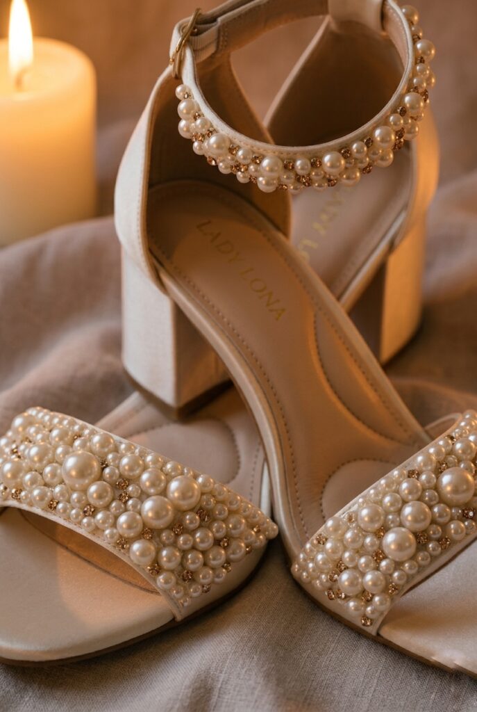 Ivory block heel bridal sandal with pearl and crystal embellishment across ankle strap and vamp on pale linen fabric, warm romantic candlelight Image prompt: Photorealistic close-up portrait of an elegant ivory block heel bridal sandal with dense seed pearl and small crystal embellishment across the ankle strap and thin vamp straps, on a clean 3-inch block heel. Placed on soft pale linen fabric. Warm romantic candlelight from the upper left illuminates the pearls and creates soft sparkle across the crystal details. Background is softly blurred pale linen. No text overlays. Generate in vertical portrait orientation, 2:3 aspect ratio, optimized for mobile display.