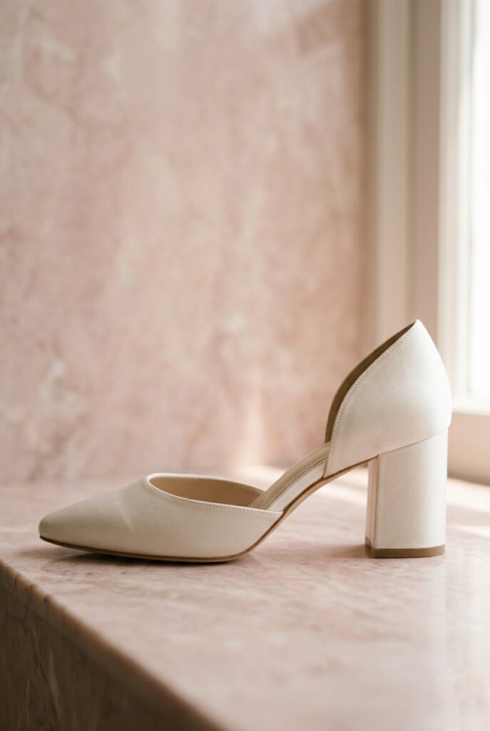 Ivory satin D'Orsay block heel bridal pump with side cutout revealing arch on a pale rose marble surface, soft natural window light Image prompt: Photorealistic close-up portrait of an ivory satin D'Orsay block heel bridal pump with an elegant curved side cutout exposing the arch of the foot, clean 2.5-inch block heel, and a pointed toe. Placed on pale rose-toned marble. Soft natural window light from the right illuminates the satin and the exposed arch curve. The cutout creates a refined negative space on the side of the shoe. Background is softly blurred rose marble. No text overlays. Generate in vertical portrait orientation, 2:3 aspect ratio, optimized for mobile display.