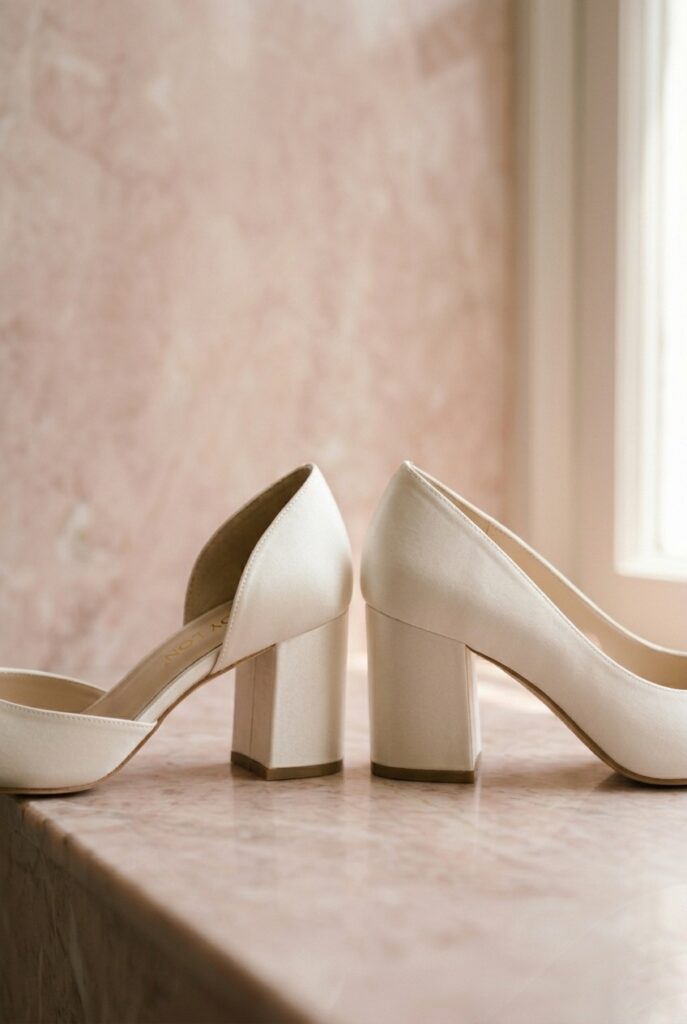 Side-by-side comparison of two block heel shoes — one with proportionally narrow refined heel, one with overly wide chunky heel — on a marble surface, clean natural daylight for comparison Image prompt: Photorealistic close-up portrait showing two ivory block heel bridal pumps placed side by side for direct comparison. Left shoe has a refined block heel approximately 1.25 inches wide and 3 inches tall, with a pointed toe — the proportions read as polished and modern. Right shoe has an oversized chunky block heel approximately 2 inches wide and 2.5 inches tall with a rounded toe — the proportions read as heavy and casual. Both shoes on smooth pale marble surface. Clean cool natural daylight from above illuminates both shoes equally. Background is blurred pale marble. No text overlays. Generate in vertical portrait orientation, 2:3 aspect ratio, optimized for mobile display.