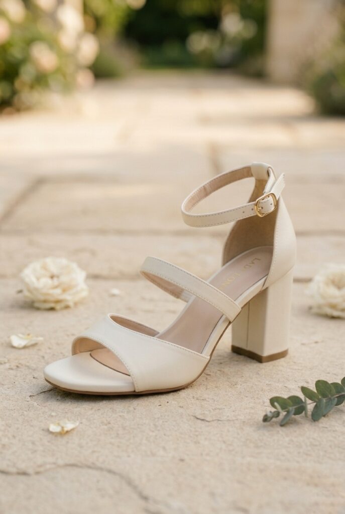 IMAGE 8 HERE Alt text: Ivory wide-fit block heel bridal sandal with padded ankle strap and soft leather upper on a pale stone path, warm natural garden light Image prompt: Photorealistic close-up portrait of an ivory soft leather wide-fit block heel bridal sandal with two vamp straps, a padded comfortable ankle strap with a gold buckle, and a clean 3-inch block heel. The shoe has a slightly wider toe box visible from the front. Placed on a smooth pale stone garden path. Warm natural outdoor light from above creates a soft, romantic garden atmosphere. Background is softly blurred stone path and garden greenery. No text overlays. Generate in vertical portrait orientation, 2:3 aspect ratio, optimized for mobile display.