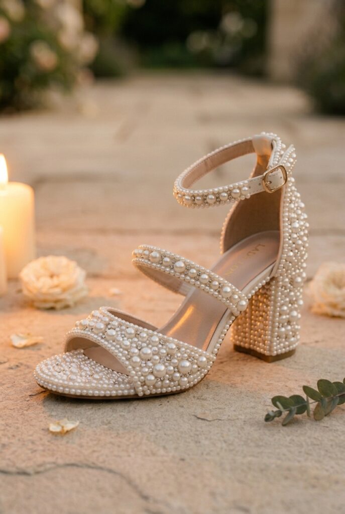 IMAGE 9 HERE Alt text: Ivory block heel bridal sandal with dense pearl coverage across entire upper and heel column on pale marble, warm candlelit glow showing the visual heaviness Image prompt: Photorealistic close-up portrait of an ivory block heel bridal sandal with dense pearl embellishment covering the entire upper, vamp straps, and heel column surface. Placed on pale marble. Warm candlelight from the left illuminates the pearls across every surface of the shoe. The overall effect is heavy and ornate — pearls covering every visible surface with no negative space. Background is softly blurred pale marble. No text overlays. Generate in vertical portrait orientation, 2:3 aspect ratio, optimized for mobile display.