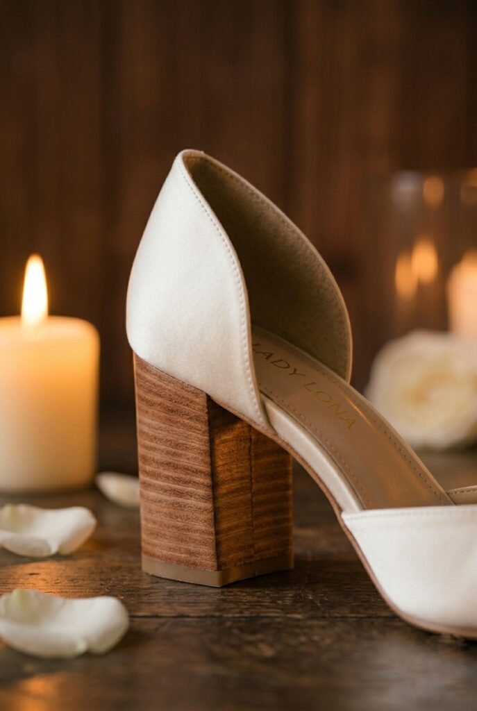 IMAGE 10 HERE Alt text: Ivory block heel bridal pump with visible stacked natural leather heel layers on a dark wood surface, warm intimate candlelit light showing heel construction detail Image prompt: Photorealistic close-up portrait of an ivory satin bridal pump with a block heel constructed from visible stacked layers of natural tan leather, the layered grain clearly visible on the exposed edges of the heel column. The contrast between the ivory satin upper and the natural tan layered leather heel is clearly visible. Placed on a dark aged wood surface. Warm intimate candlelight from the left illuminates the heel construction and makes the leather grain of each layer visible. Background is softly blurred dark timber. No text overlays. Generate in vertical portrait orientation, 2:3 aspect ratio, optimized for mobile display.
