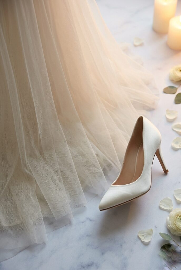Full tulle ballgown hem beside pointed-toe ivory satin pump, candlelight