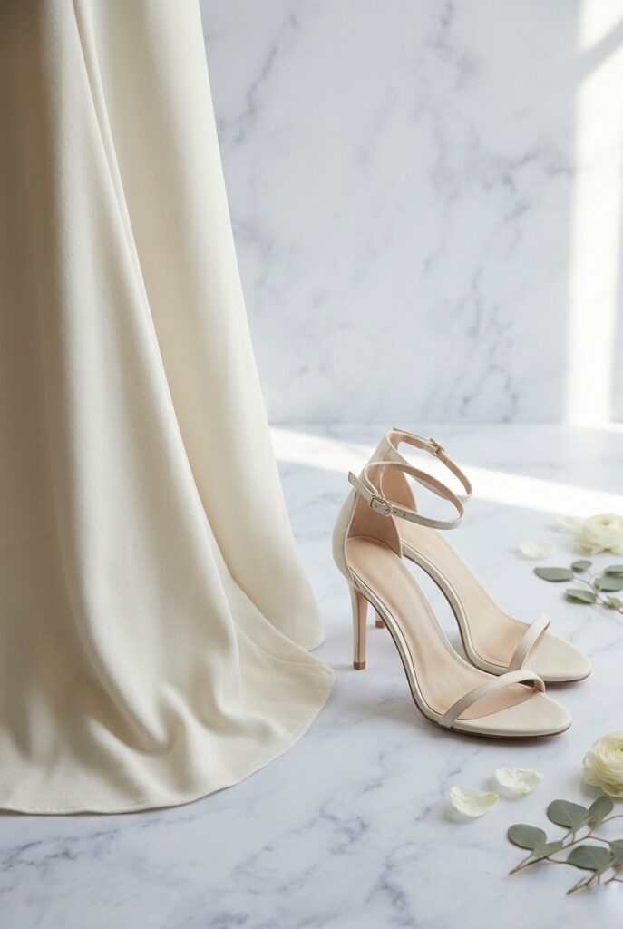 Ivory crepe column gown hem beside barely-there strappy sandal, window light