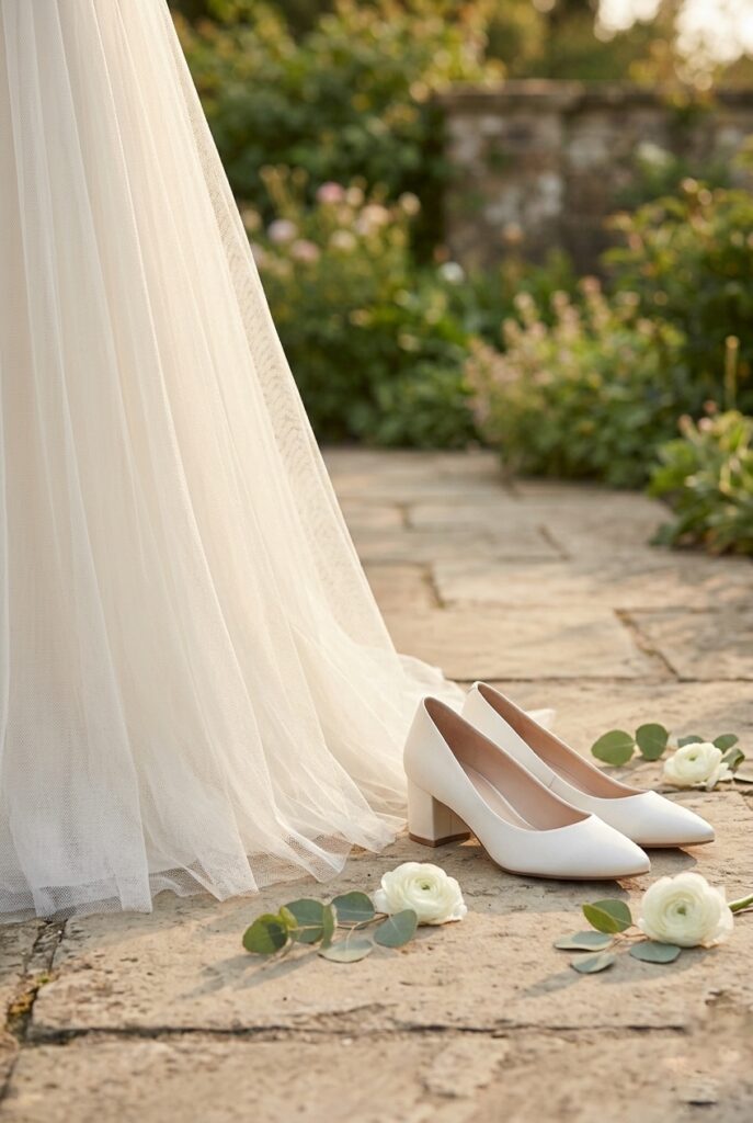 Soft tulle A-line hem beside ivory low block heel pump on stone, outdoor daylight