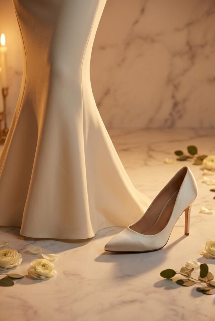 Fitted mermaid gown hem beside ivory stiletto pump on polished marble, candlelight