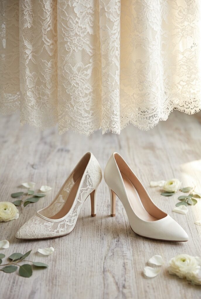 Chantilly lace hem beside lace pump and satin pump side by side for comparison, warm window light