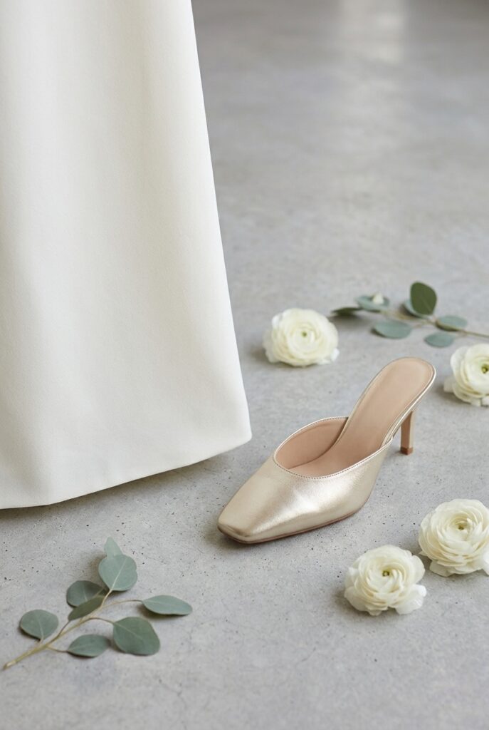 Clean crepe minimal gown hem beside champagne metallic mule on concrete, cool daylight