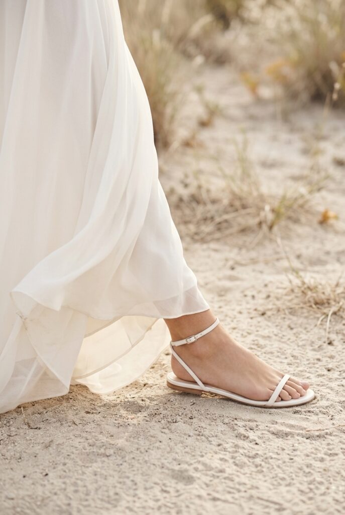 IMAGE 7 HERE Alt text: Flowing ivory chiffon boho bridal gown hem beside a barely-there ankle-strap flat bridal sandal on pale sandy outdoor ground, soft warm natural outdoor light Image prompt: Photorealistic close-up portrait on pale sandy dry ground with fine texture. A flowing ivory chiffon boho gown hem drifts loosely across the lower left of the frame, the sheer lightweight fabric catching a soft breeze. Beside it, a delicate barely-there bridal sandal with minimal thin ankle strap and a flat or near-flat sole in ivory leather. Soft warm natural outdoor light from above creates an airy, relaxed atmosphere. Background is softly blurred pale sandy ground and hints of dry grass. No text overlays. Generate in vertical portrait orientation, 2:3 aspect ratio, optimized for mobile display.