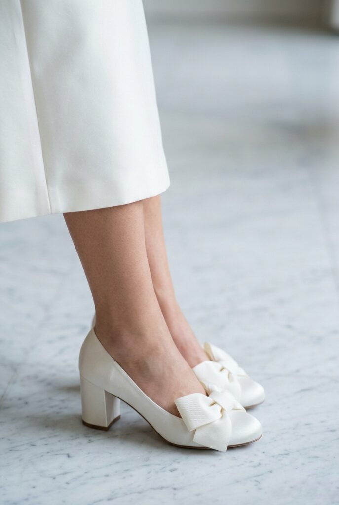 IMAGE 9 HERE Alt text: Ivory tea-length bridal dress hem ending below the knee beside a bold ivory grosgrain bow pump with block heel on pale marble, soft natural window light Image prompt: Photorealistic close-up portrait on pale cool marble. An ivory tea-length bridal dress hem ends cleanly below the knee on the left side of the frame, the hem finishing in a clean line with visible calf below. Beside it, an ivory satin pump with a large stiff grosgrain bow at the vamp and a 3-inch block heel. Soft natural window light from above creates a clean, airy atmosphere. The shoe's bow detail and the clean dress hem are both clearly visible. Background is softly blurred pale marble. No text overlays. Generate in vertical portrait orientation, 2:3 aspect ratio, optimized for mobile display.
