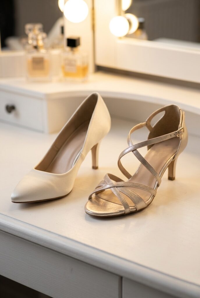 IMAGE 10 HERE Alt text: Two bridal shoes side by side — a classic ivory pointed-toe pump for ceremony and a metallic champagne strappy sandal for reception — on a white dressing table, warm vanity light Image prompt: Photorealistic close-up portrait on a white painted dressing table. Two bridal shoes placed side by side. Left: a clean ivory satin pointed-toe pump with a 3-inch slim heel, modest and classic. Right: a champagne metallic strappy sandal with delicate crossed vamp straps and a slim 2.5-inch block heel. Warm vanity light from above illuminates both shoes. The contrast between the modest ceremony shoe and the more expressive reception shoe is clear. Background is softly blurred white dressing table and vanity mirror. No text overlays. Generate in vertical portrait orientation, 2:3 aspect ratio, optimized for mobile display.
