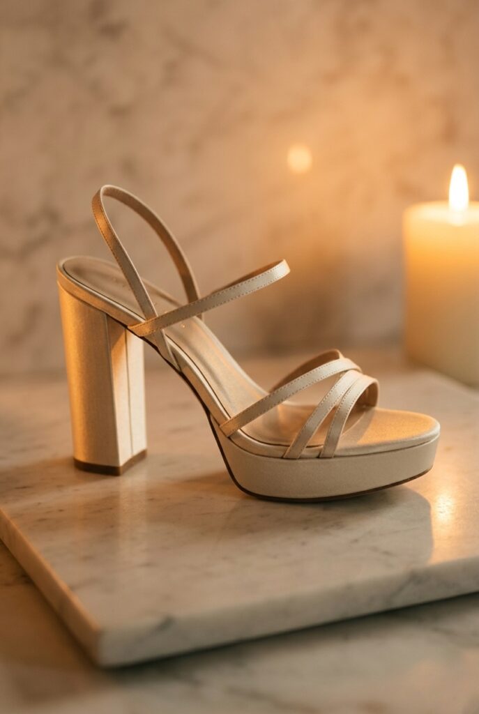 IMAGE 1 HERE Alt text: Ivory satin open-toe platform chunky heel bridal sandal with thin straps and 1.2-inch platform on pale marble, warm golden candlelit glow Image prompt: Photorealistic close-up portrait of an elegant ivory satin open-toe platform bridal sandal with two thin vamp straps, slim ankle strap, a visible 1.2-inch platform sole, and a 4-inch chunky squared heel. Placed on smooth pale marble. Warm romantic candlelight from the upper right creates a golden glow across the ivory satin and the platform edge. The heel and platform profile are both clearly visible from a slight side angle. Background is softly blurred pale marble. No text overlays. Generate in vertical portrait orientation, 2:3 aspect ratio, optimized for mobile display.