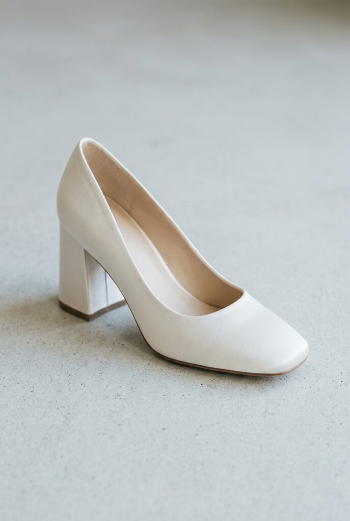 IMAGE 2 HERE Alt text: Clean ivory satin square-toe chunky block heel bridal pump on pale grey concrete surface, cool sharp natural overhead daylight Image prompt: Photorealistic close-up portrait of a clean ivory satin square-toe bridal pump with a firm chunky block heel approximately 3 inches tall and 1.25 inches wide. The toe is precisely squared — not bluntly cut, but narrowed slightly before the square finish. No embellishment on the upper. Placed on smooth pale grey concrete. Cool clean natural overhead daylight creates sharp precise shadows from the heel and toe edge. Background is blurred pale grey concrete with subtle texture. No text overlays. Generate in vertical portrait orientation, 2:3 aspect ratio, optimized for mobile display.