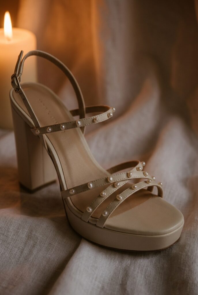 IMAGE 3 HERE Alt text: Ivory chunky heel open-toe bridal sandal with scattered seed pearl embellishment on ankle strap and vamp straps on pale white linen, warm soft candlelight Image prompt: Photorealistic close-up portrait of an ivory open-toe bridal sandal with a chunky 3-inch block heel, thin vamp straps lightly scattered with small seed pearls, and a pearl-studded ankle strap. The embellishment is restrained — pearls appear on the straps only, not the heel or sole. Placed on pale white linen fabric. Warm soft candlelight from the upper left creates a romantic glow, each pearl catching a small point of light. Background is softly blurred white linen. No text overlays. Generate in vertical portrait orientation, 2:3 aspect ratio, optimized for mobile display.