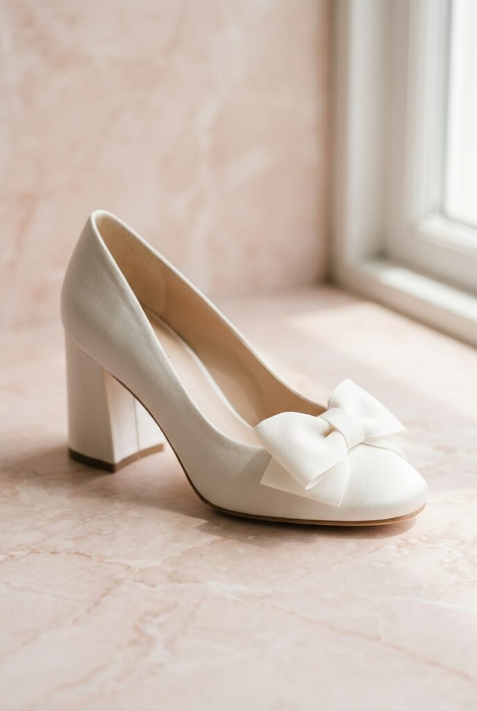 IMAGE 4 HERE Alt text: Ivory satin chunky heel pump with oversized grosgrain bow at vamp on pale blush marble surface, soft warm natural window light Image prompt: Photorealistic close-up portrait of an ivory satin bridal pump with a chunky squared heel approximately 3 inches tall, featuring a large stiff grosgrain bow centered at the vamp toe band. The bow has structure — the grosgrain fabric holds its shape rather than wilting. Placed on pale warm blush marble. Soft natural window light from the right creates a clean, romantic atmosphere. The grosgrain texture of the bow is clearly visible. Background is blurred blush marble. No text overlays. Generate in vertical portrait orientation, 2:3 aspect ratio, optimized for mobile display.