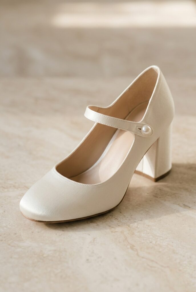 IMAGE 5 HERE Alt text: Ivory satin chunky block heel Mary Jane pump with single center bar strap and pearl button on pale stone surface, warm natural daylight Image prompt: Photorealistic close-up portrait of an ivory satin chunky block heel Mary Jane bridal pump with a single cross bar strap fastened with a small pearl button, rounded toe, and a firm 2.5-inch chunky block heel. Placed on smooth pale natural stone. Warm natural daylight from above creates a soft clean atmosphere. The pearl button and the center strap construction are clearly visible. Background is blurred pale stone. No text overlays. Generate in vertical portrait orientation, 2:3 aspect ratio, optimized for mobile display.