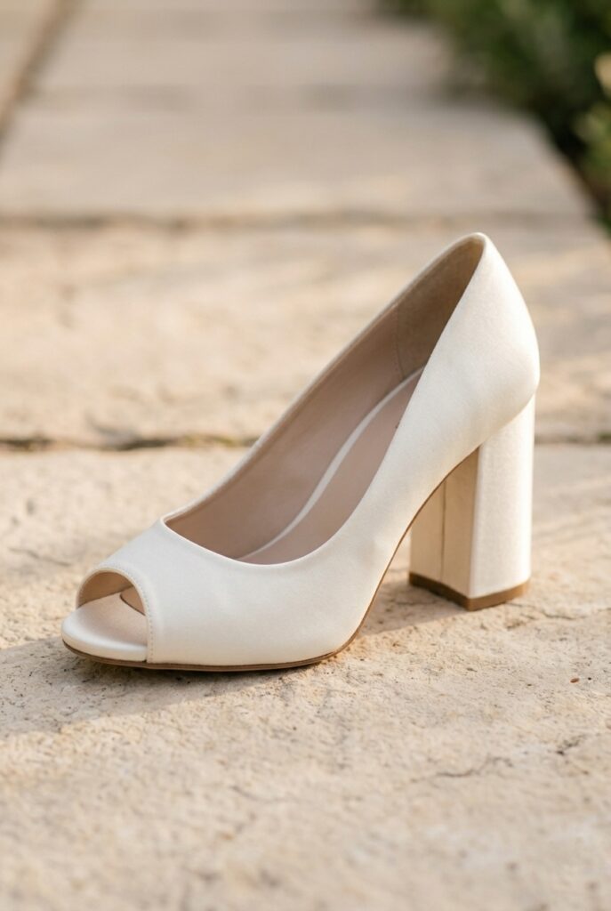 IMAGE 6 HERE Alt text: Ivory satin open-toe chunky block heel pump with peep-toe opening on a pale outdoor garden stone surface, soft warm outdoor afternoon light Image prompt: Photorealistic close-up portrait of an ivory satin open-toe bridal pump with a peep-toe opening and a solid 3-inch chunky block heel. The toe opening is a clean round cut showing just the first two toes. Placed on pale flat natural garden stone. Soft warm afternoon outdoor light from the right creates gentle shadows from the heel and toe opening. Background is blurred garden stone with hints of green at the far edge. No text overlays. Generate in vertical portrait orientation, 2:3 aspect ratio, optimized for mobile display.