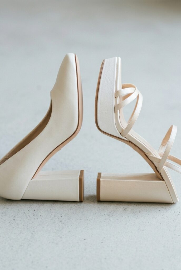 IMAGE 7 HERE Alt text: Side-by-side close-up of two chunky bridal heels — one straight chunky heel with no platform and one platform chunky heel showing the pitch difference — on pale concrete, clean analytical daylight Image prompt: Photorealistic close-up portrait showing two ivory bridal heels placed side by side in exact profile view for direct architectural comparison. Left shoe: a straight chunky block heel pump with no platform, the sole running flat from toe to heel, the 3-inch chunky heel rising cleanly from the back. Right shoe: a platform chunky heel sandal where the sole is elevated 1 inch at the toe and the heel rises 4 inches from the platform, creating a clearly different pitch angle. Both shoes on pale smooth concrete in clean cool analytical overhead daylight. Background is blurred pale concrete. No text overlays. Generate in vertical portrait orientation, 2:3 aspect ratio, optimized for mobile display.