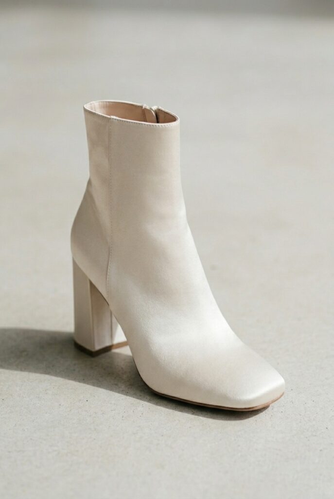 IMAGE 10 HERE Alt text: Ivory or cream satin mid-ankle chunky heel bridal boot with clean square toe on a pale stone surface, cool crisp natural light Image prompt: Photorealistic close-up portrait of a cream or ivory satin mid-ankle bridal boot with a clean square toe and a solid 3-inch chunky block heel. The boot shaft ends just above the ankle bone. A small side zipper is faintly visible. Placed on smooth pale natural stone. Cool crisp natural light from above creates precise shadows from the heel edge and toe. The satin upper is smooth and unembellished. Background is blurred pale stone. No text overlays. Generate in vertical portrait orientation, 2:3 aspect ratio, optimized for mobile display.