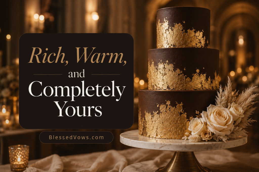Alt text: Three-tier brown and gold wedding cake with gold leaf panels on chocolate fondant, ivory roses at base, warm candlelit reception setting