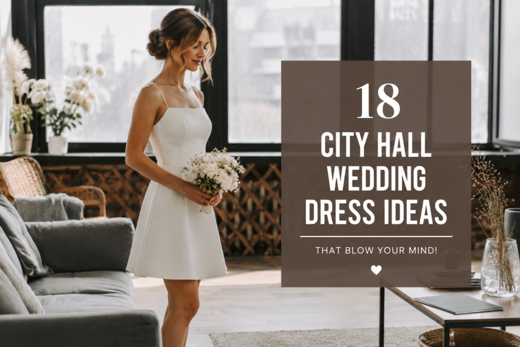 Alt text: Bride in ivory satin slip dress standing on city hall steps holding a small white bouquet, natural light, editorial wedding photograph.