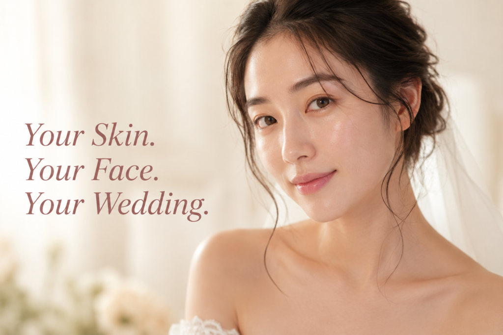Alt text: Bride with glowy natural no-makeup look, dewy skin, soft groomed brows, hydrated lips, warm natural light portrait