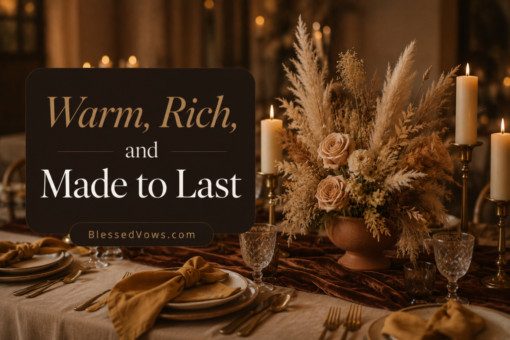 Alt text: Mocha wedding theme reception table with velvet runner, ivory candles, blush roses and dried pampas grass, warm candlelit setting