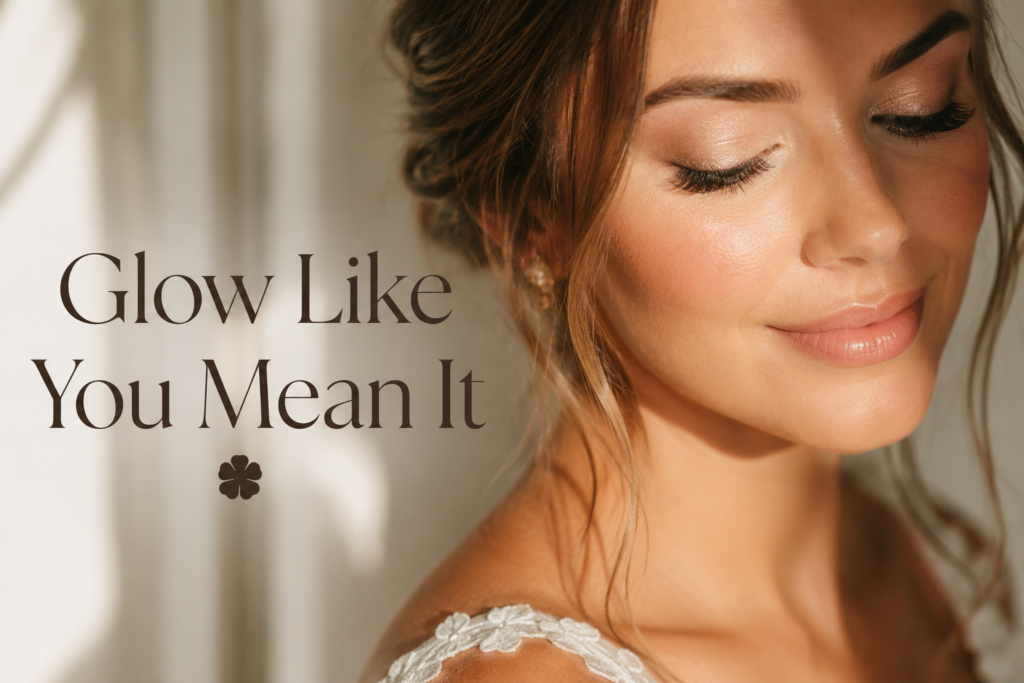 Alt text: Bride with soft glowy wedding makeup — dewy skin, rose blush, champagne shimmer lids, peachy glossy lip, warm natural light portrait