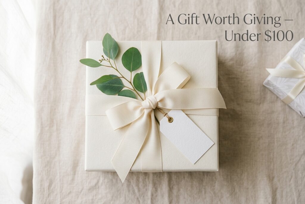 Alt text: Elegantly wrapped wedding gift box with ivory ribbon and eucalyptus sprig, flat lay on linen background