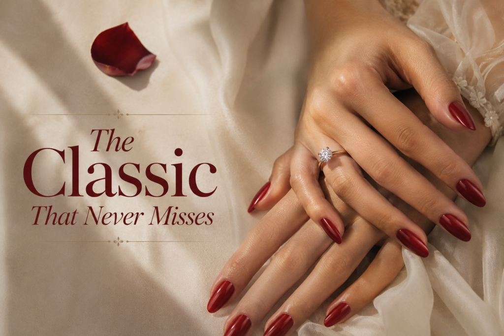 Alt text: Bride's hands with classic glossy red almond nails on ivory bridal fabric, diamond ring, warm natural light, editorial flat lay