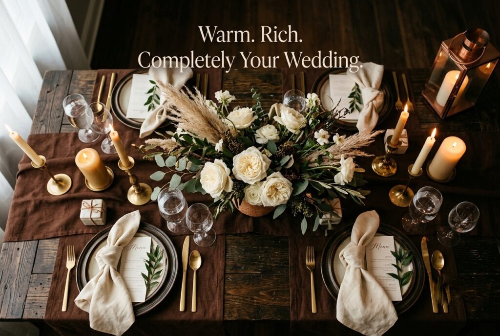 Alt text: Wedding reception table set with chocolate brown linen, gold candle holders, ivory roses, and copper lantern, warm candlelight