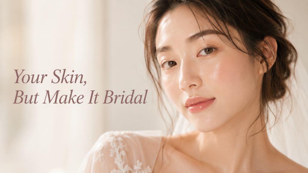 Alt text: Bride with natural glowy wedding makeup — dewy skin, cream blush, champagne shimmer lids, soft tinted lip, warm natural light