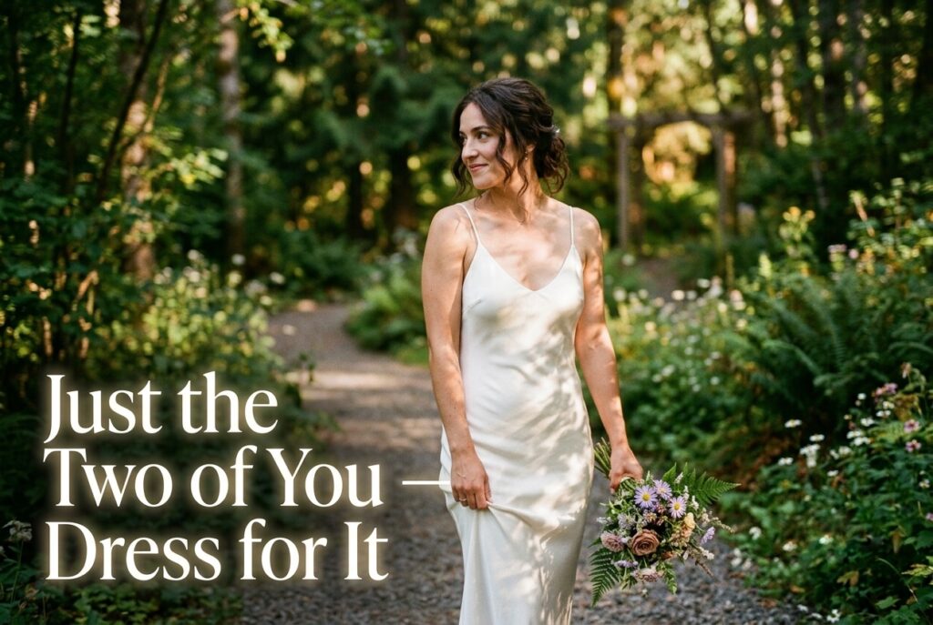 Alt text: Bride in sleek ivory satin slip dress standing in dappled natural light, simple elegant elopement look