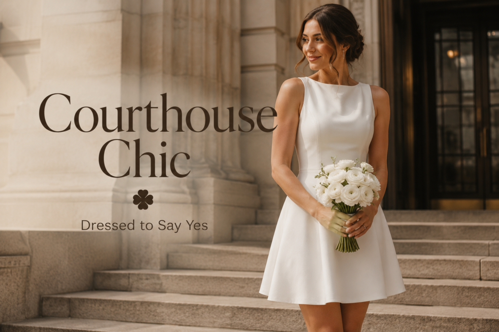 Alt text: Bride in a short ivory A-line dress standing on courthouse steps holding a small white bouquet, editorial style
