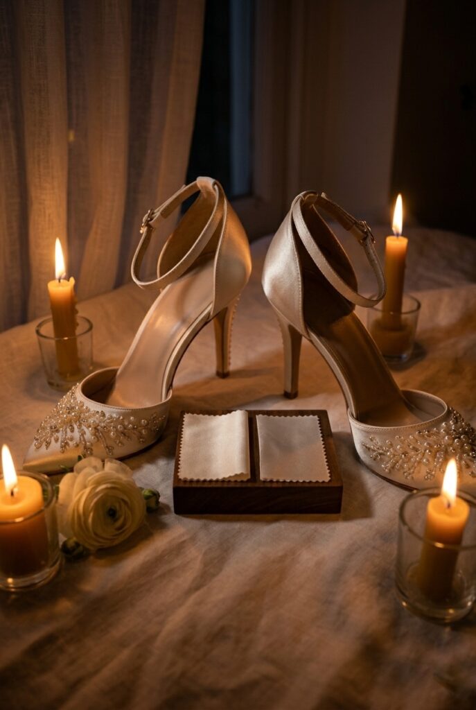 Polyester vs silk satin heel comparison under candlelight