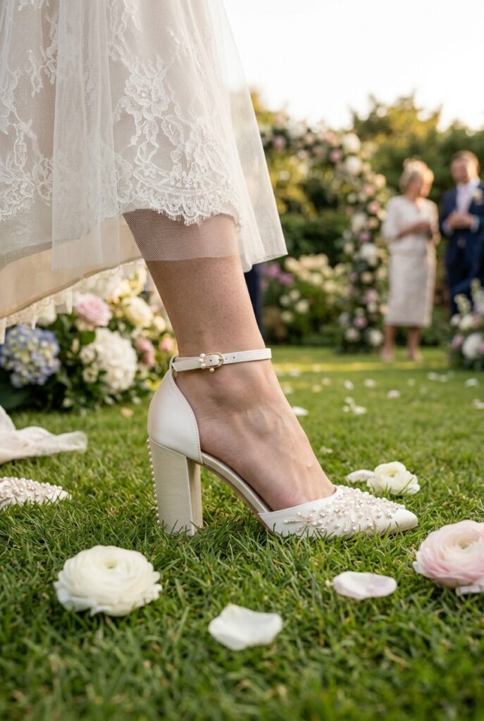 Ivory satin block heel on grass at garden wedding