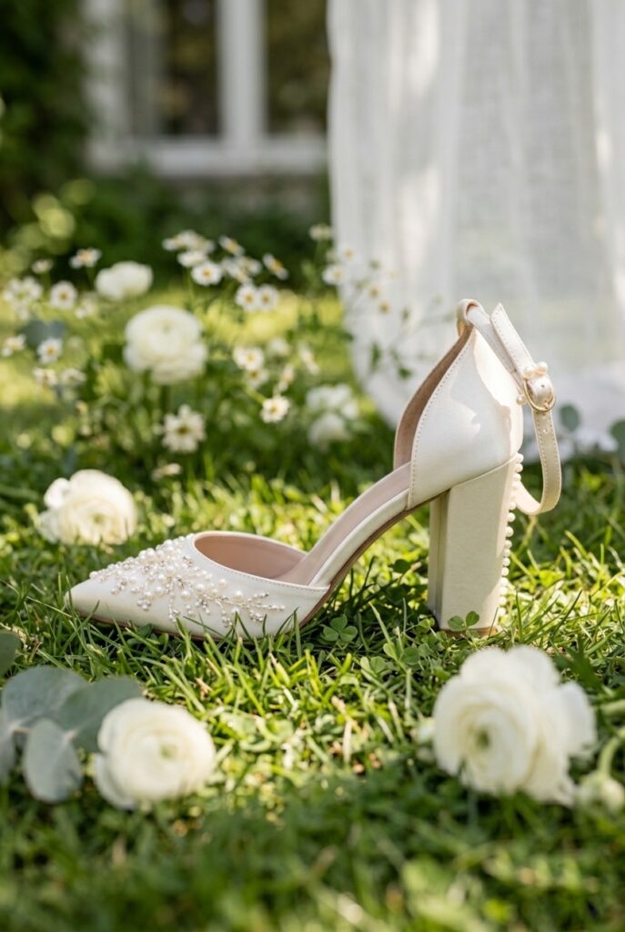 photorealistic image of an ivory satin block-heel bridal shoe resting on lush green grass at an outdoor garden wedding. Dappled soft natural daylight filtering through tree canopy. The heel is visibly stable on the grass surface. Small white garden flowers in soft focus background. No text overlays. Fresh, airy, editorial wedding aesthetic. Generate in vertical portrait orientation, 2:3 aspect ratio, optimized for mobile display.