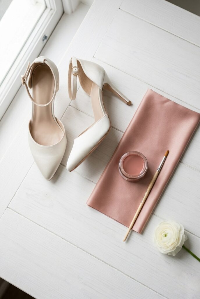 Photorealistic flat-lay image of ivory satin bridal heels placed beside a swatch of blush satin fabric on a white wooden surface. A small glass jar of fabric dye and a fine brush beside them suggesting custom dyeing process. Soft natural window light from the left. Muted, editorial palette. No text overlays. Generate in vertical portrait orientation, 2:3 aspect ratio, optimized for mobile display.