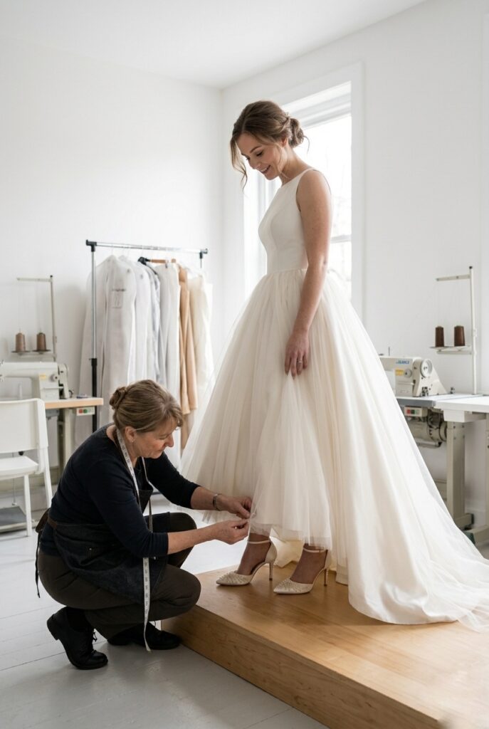 Photorealistic image of a bridal alteration fitting in a bright seamstress studio. A bride stands in an ivory ballgown while a seamstress kneels at the hem, pinning the length with the bride wearing ivory satin heels. Soft natural window light. White walls, minimal studio space. No text overlays. Clean, intimate, editorial aesthetic. Generate in vertical portrait orientation, 2:3 aspect ratio, optimized for mobile display.