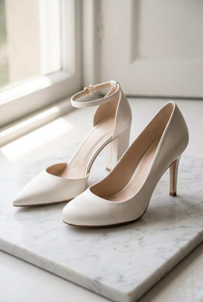 Pointed-toe ivory satin bridal heel beside a round-toe satin pump for style comparison on white marble Image prompt: Photorealistic image of two ivory satin bridal heels on white marble — one with a sharp pointed toe on the left, one with a soft round toe on the right. Elegant editorial product styling. Soft natural window light creating gentle shadows. No text overlays. Clean, minimal aesthetic showing the toe silhouette contrast clearly. Generate in vertical portrait orientation, 2:3 aspect ratio, optimized for mobile display.