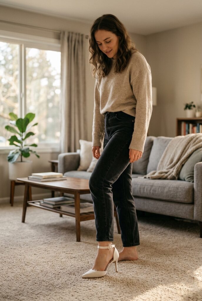 Photorealistic lifestyle image of a young woman wearing an ivory satin bridal heel while standing in a softly lit living room on beige carpet, casually dressed, clearly testing the shoe for comfort at home. Warm natural afternoon light through a nearby window. No text overlays. Relaxed, intimate, editorial feel. Generate in vertical portrait orientation, 2:3 aspect ratio, optimized for mobile display.