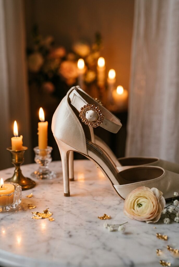 Photorealistic close-up of an ivory satin bridal heel with a delicate crystal-encrusted buckle at the ankle strap, photographed on white marble surface under warm romantic candlelit atmosphere. The crystals catch the warm amber light and sparkle gently. No text overlays. Rich, intimate, editorial aesthetic. Generate in vertical portrait orientation, 2:3 aspect ratio, optimized for mobile display.