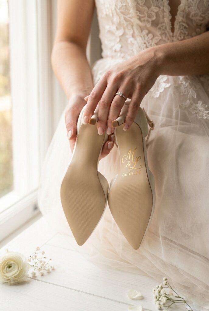 IMAGE 10 HERE Alt text: Bride holding ivory satin heels showing custom monogram painted on the red lacquer sole at a wedding Image prompt: Photorealistic image of a bride's hands holding a pair of ivory satin heels sole-up, revealing a custom monogram painted in gold lettering on the ivory lacquer sole. Warm natural afternoon light. White wedding dress visible in soft background. No text overlays. Intimate, personal, editorial aesthetic. Generate in vertical portrait orientation, 2:3 aspect ratio, optimized for mobile display.