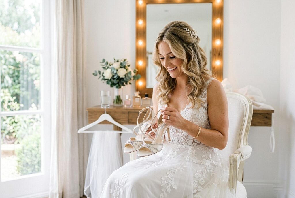 Bride holding ivory strappy bridal heel shoes before ceremony in bright white dressing room Image prompt: Photorealistic image of a bride in a white lace wedding dress sitting in a bright, airy bridal suite dressing room, holding a pair of ivory strappy bridal heels in both hands, looking down at them. Soft natural window light flooding the room from large windows. White walls, white vanity mirror with warm bulb lights in soft background. Intimate, editorial wedding morning atmosphere. No text overlays. Generate in horizontal landscape orientation, 3:2 aspect ratio, optimized for desktop display.